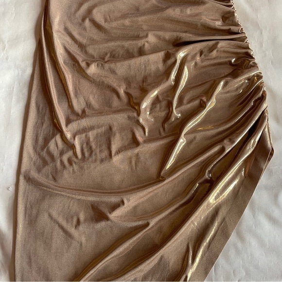 NEW! Norma Kamali- Gold Strapless Side Drape Gown Size XL Cocktail Dress Stretch - Picture 4 of 9